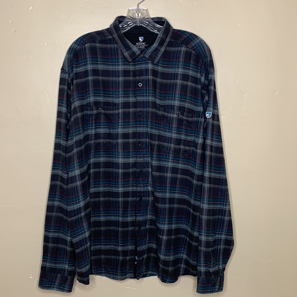 Kuhl Men's Dark Blue and Black Plaid Button-Down Shirt